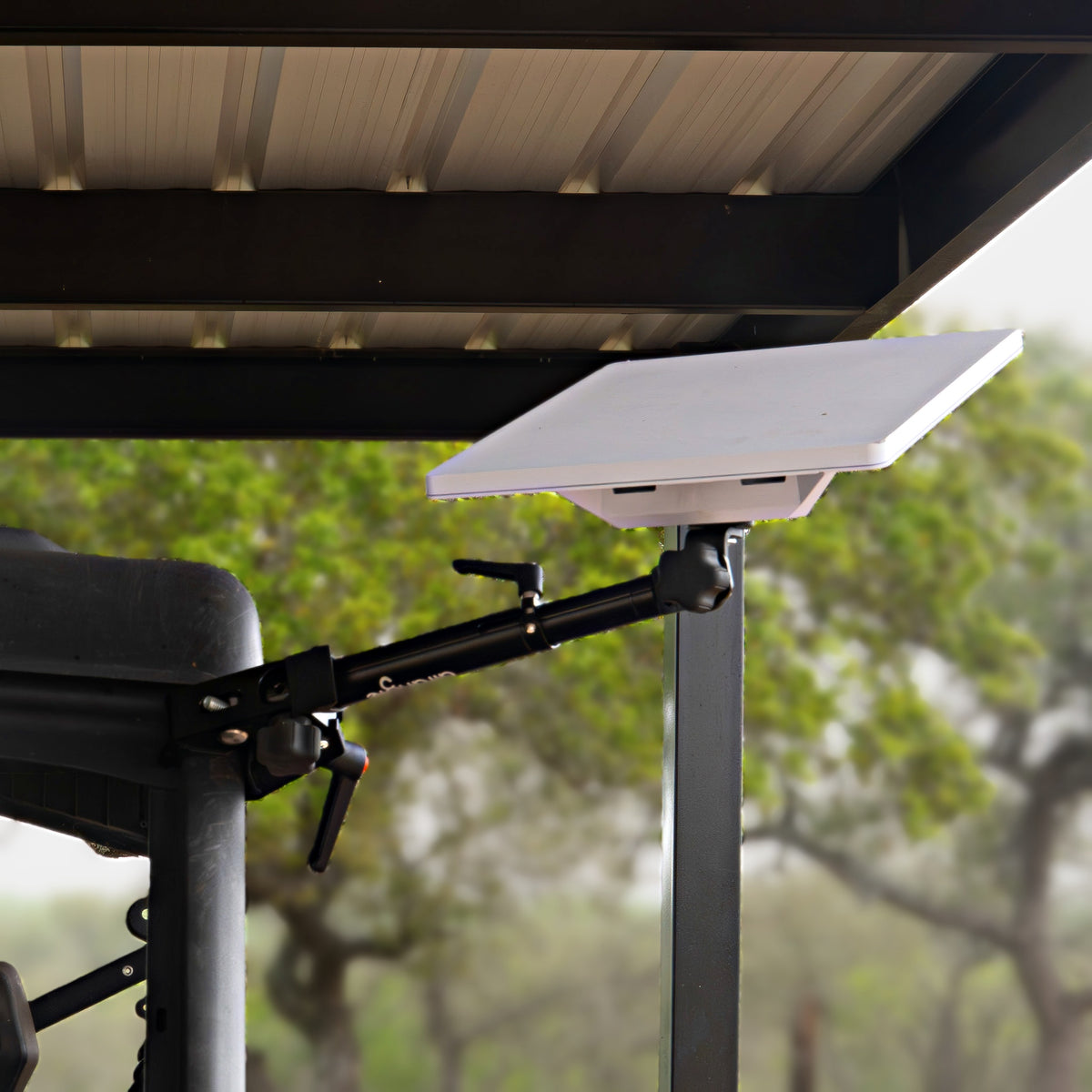 Starlink Mini on an Altangle Connect arm clamped to a support post under a covered porch, extending the dish out past the roofline