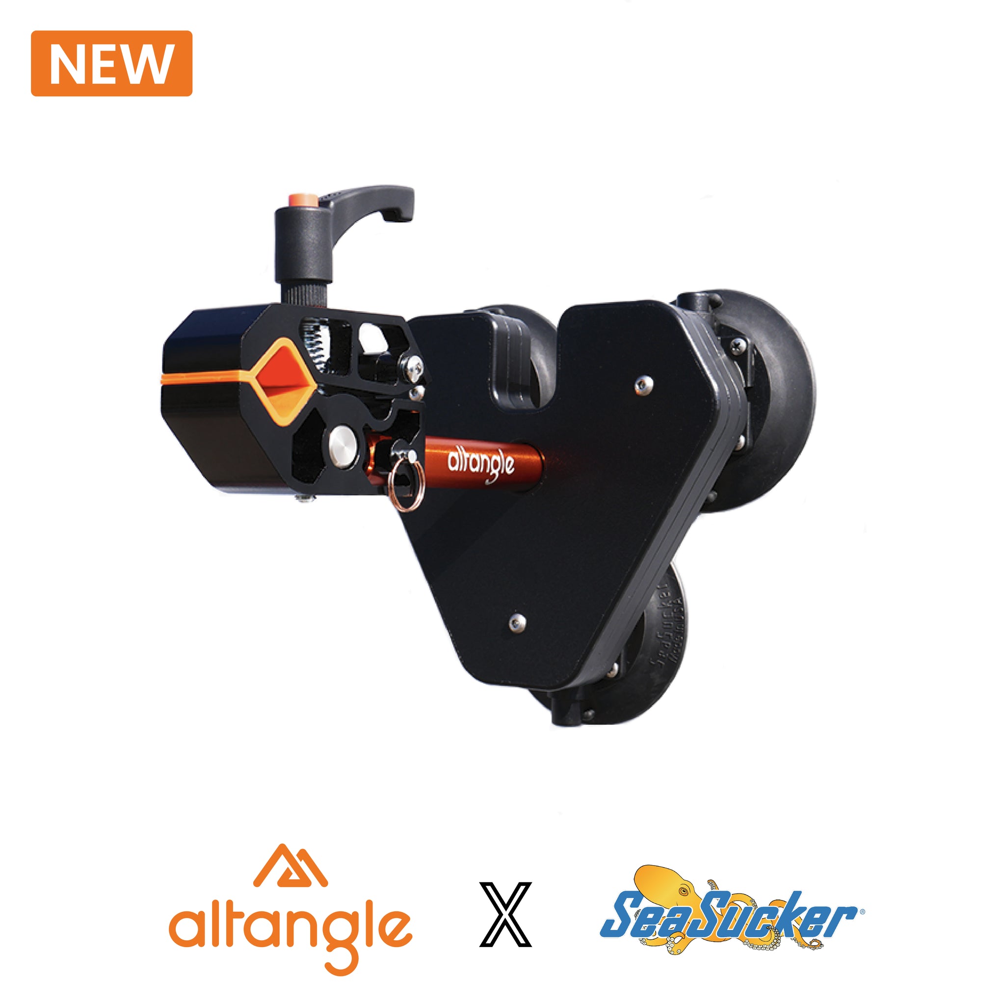 Close-up of the Connect Air bike stand featuring the Altangle and SeaSucker logos, highlighting the collaboration. The device includes a black clamp system with an adjustable handle and integrated SeaSucker vacuum cup mount for secure attachment